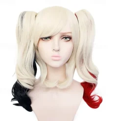 Ponytail Wig Harley Quinn Cosplay Wigs Women's With 2 Ponytails 12 inch Heat Resistant Fiber Curly Multi-color Adults' Anime Wig Halloween Wigs