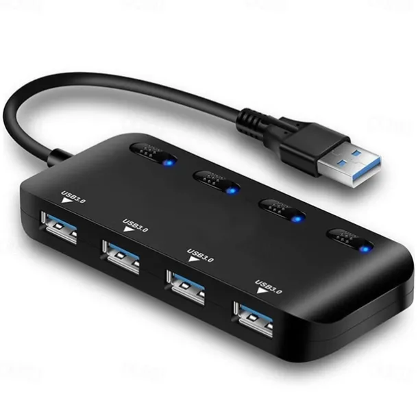 4-Port USB 3.0 Hub with Individual LED Power Switches Portable Data Hub Compatible Transfer Splitter