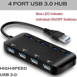 4-Port USB 3.0 Hub with Individual LED Power Switches Portable Data Hub Compatible Transfer Splitter
