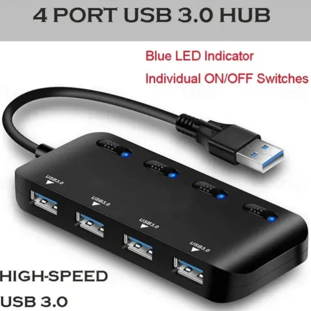 4-Port USB 3.0 Hub with Individual LED Power Switches Portable Data Hub Compatible Transfer Splitter