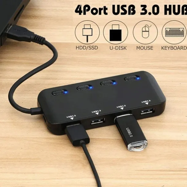 4-Port USB 3.0 Hub with Individual LED Power Switches Portable Data Hub Compatible Transfer Splitter