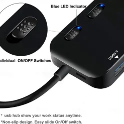 4-Port USB 3.0 Hub with Individual LED Power Switches Portable Data Hub Compatible Transfer Splitter
