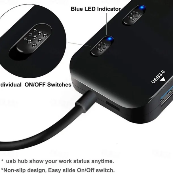4-Port USB 3.0 Hub with Individual LED Power Switches Portable Data Hub Compatible Transfer Splitter