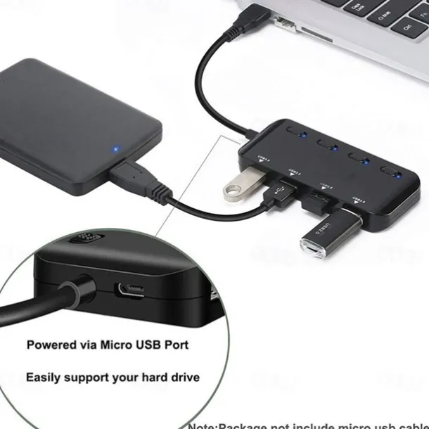 4-Port USB 3.0 Hub with Individual LED Power Switches Portable Data Hub Compatible Transfer Splitter