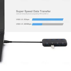 4-Port USB 3.0 Hub with Individual LED Power Switches Portable Data Hub Compatible Transfer Splitter