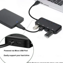 4-Port USB 3.0 Hub with Individual LED Power Switches Portable Data Hub Compatible Transfer Splitter