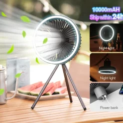 Portable Camping Fan – Rechargeable Battery Operated USB Fan with LED Light and Hook for Tent, Outdoor, Emergency Use