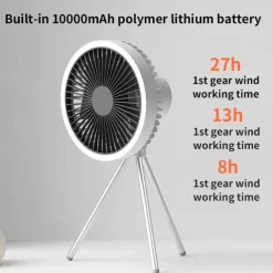 Portable Camping Fan – Rechargeable Battery Operated USB Fan with LED Light and Hook for Tent, Outdoor, Emergency Use