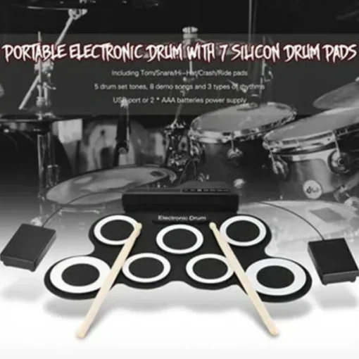 Portable Electronic Drum Kit Mini USB Interface Kids Silicon Foldable Electronic Roll up Digital Drum Pad Kit with Drum Stick Foot Switch Pedal