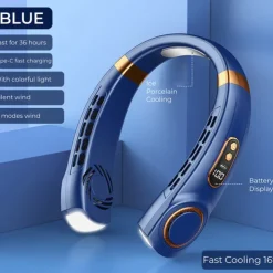 Portable Hanging Neck Fan with Colorful Light USB Charging 5 Gears Brush Motor Leafless Hanging Neck Fan Rechargeable Mute Refrigeration Air Conditioning Outdoor Cooling Fan