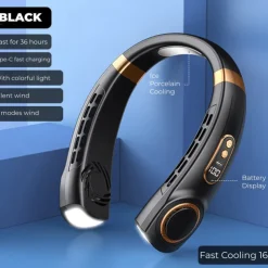 Portable Hanging Neck Fan with Colorful Light USB Charging 5 Gears Brush Motor Leafless Hanging Neck Fan Rechargeable Mute Refrigeration Air Conditioning Outdoor Cooling Fan