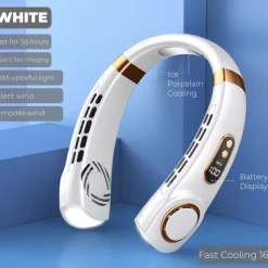 Portable Hanging Neck Fan with Colorful Light USB Charging 5 Gears Brush Motor Leafless Hanging Neck Fan Rechargeable Mute Refrigeration Air Conditioning Outdoor Cooling Fan