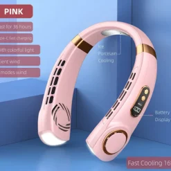 Portable Hanging Neck Fan with Colorful Light USB Charging 5 Gears Brush Motor Leafless Hanging Neck Fan Rechargeable Mute Refrigeration Air Conditioning Outdoor Cooling Fan