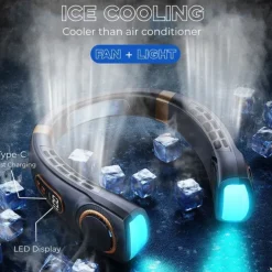 Portable Hanging Neck Fan with Colorful Light USB Charging 5 Gears Brush Motor Leafless Hanging Neck Fan Rechargeable Mute Refrigeration Air Conditioning Outdoor Cooling Fan