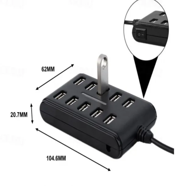 Portable 1PC General Purpose Work Home With Switch ABS Plastic Double Row Ten Port USB HUB