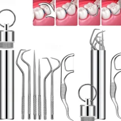 Portable Stainless Steel Toothpicks Pocket Set Reusable Metal Toothpicks Cleaning Kit with Holder for Outdoor Picnic Camping Traveling