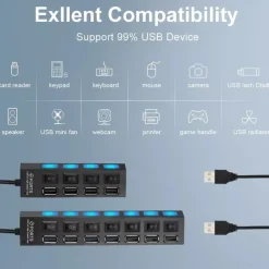 4-Port/7-Port USB To USB 2.0 Ultra-Mini Hub Adapter Hub Power On/Off Switch For PC Laptop Computer