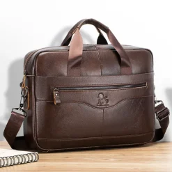 Premium Brown Leather Briefcase - Elegant Business Laptop Bag with Multiple Pockets, Durable for Professional Use and Travel