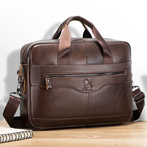 Premium Brown Leather Briefcase - Elegant Business Laptop Bag with Multiple Pockets, Durable for Professional Use and Travel