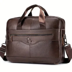 Premium Brown Leather Briefcase - Elegant Business Laptop Bag with Multiple Pockets, Durable for Professional Use and Travel