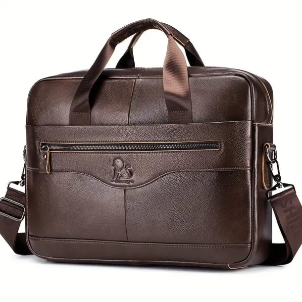 Premium Brown Leather Briefcase - Elegant Business Laptop Bag with Multiple Pockets, Durable for Professional Use and Travel