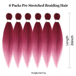 Pre-Stretched Colorful Ombre Braids Hair Extensions 26 inch 6 packs Synthetic Crochet Braids Hot Water Setting and Easy to Braid 26inch 6packs