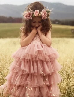 Princess Floor Length Flower Girl Dress First Communion Cute Prom Dress Cotton Blend with Lace Tiered Tutu Fit 3-16 Years dress to impress