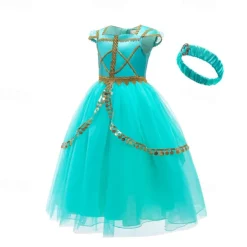 Princess Jasmine Cosplay Costume Outfits Girls' Movie Cosplay Cute Green Top Pants Halloween Children's Day New Year Polyester World Book Day Costumes