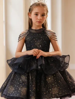 Princess Knee Length Flower Girl Dress Pageant & Performance Girls Cute Prom Dress Sequined with Solid Color Tiered Plisse Fit 3-16 Years