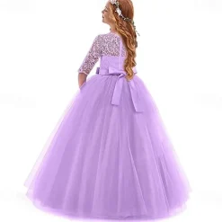 Princess Lace Prom Dress Flower Girl Dress 3-13 Years Kids Little Girls' Floral Lace Party Wedding Evening Hollow Out Lace Tulle Maxi Short Sleeve Flower Gowns Wedding Guest