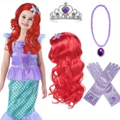 Princess Mermaid Wig Ariel Braid with Princess Tiara Necklace Gloves Not Including Dress Princess Mermaid Ariel Dress Up Cosplay Accessories for Kids Girls Halloween Wigs