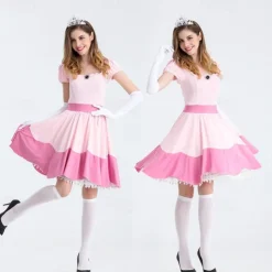 Princess Peach Cosplay Costume 3 PCS Super Bros Dress Tiara Gloves Adults' Women's Outfits Sexy Costume Halloween Masquerade Easy Halloween Costumes