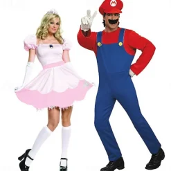 Princess Peach Super Brothers Cosplay Costume Halloween Group Couples Costumes Adults' Men's Women's Cosplay Costumes Halloween Carnival Masquerade Easy Carnival Costume