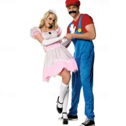 Princess Peach Super Brothers Cosplay Costume Halloween Group Couples Costumes Adults' Men's Women's Cosplay Costumes Halloween Carnival Masquerade Easy Carnival Costume