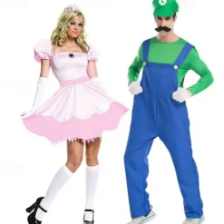 Princess Peach Super Brothers Cosplay Costume Halloween Group Couples Costumes Adults' Men's Women's Cosplay Costumes Halloween Carnival Masquerade Easy Carnival Costume