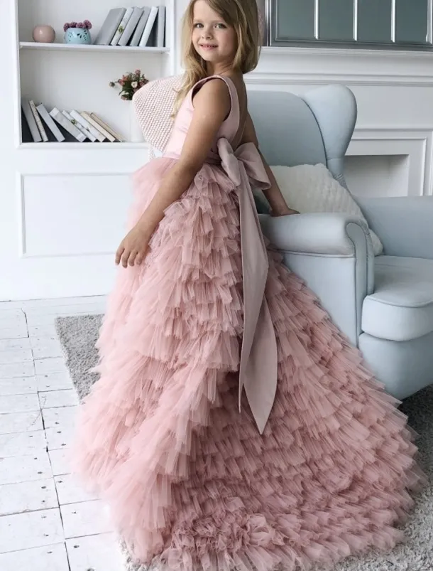 Princess Sweep / Brush Train Flower Girl Dress Quinceanera Girls Cute Prom Dress Satin with Bow(s) Open Back Tiered Plisse Fit 3-16 Years dress to impress