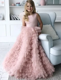 Princess Sweep / Brush Train Flower Girl Dress Quinceanera Girls Cute Prom Dress Satin with Bow(s) Open Back Tiered Plisse Fit 3-16 Years dress to impress