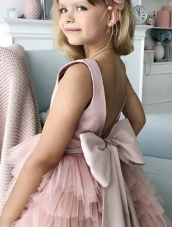 Princess Sweep / Brush Train Flower Girl Dress Quinceanera Girls Cute Prom Dress Satin with Bow(s) Open Back Tiered Plisse Fit 3-16 Years dress to impress