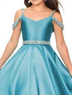 Princess Sweep / Brush Train Flower Girl Dress Pageant & Performance Juniors Cute Prom Dress Satin with Beading Elegant Fit 3-16 Years dress to impress