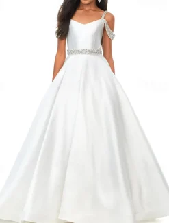 Princess Sweep / Brush Train Flower Girl Dress Pageant & Performance Juniors Cute Prom Dress Satin with Beading Elegant Fit 3-16 Years dress to impress