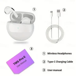 Pro6 Wireless Bluetooth Headphones Tws Earphones Mini Heaset with Charging Case Waterproof Earbuds for All Phone Huawei iPhone