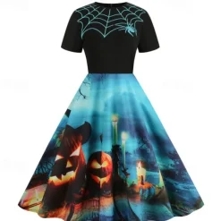 Pumpkin Skull Skeleton Spider Web Halloween Dress Flare Dress Punk & Gothic Sexy Costume Dress Up Adults' Women's Masquerade Dailywear Easy Halloween Costumes Dress Up