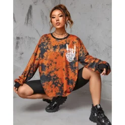 Punk & Gothic Sweatshirt Pumpkin Oversized Tie Dye Print Skeleton Hand Fancy Dress Women's Halloween Carnival Party Casual Adults Shirt