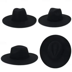 Punk Gothic Wide Brim Hat Fedora Hat Witchy Stiff Women's Fashion Accessory Black Wool Wide Brim Steampunk Witch Hat