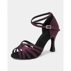 Purple Rhinestone-Accented Latin Dance Sandals with Ankle Strap – Elegant Design for Latin Dance and Special Events