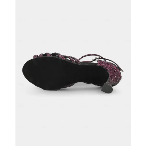 Purple Rhinestone-Accented Latin Dance Sandals with Ankle Strap – Elegant Design for Latin Dance and Special Events