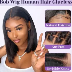 Put On and Go Glueless Wigs Bob Human Hair Pre Plucked Bob Wig Human Hair Glueless Wigs for Beginners Pre Cut Straight Short Bob Wig 4x4 HD Lace Closure Wigs for Black Women Natural Color