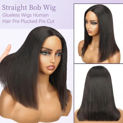 Put On and Go Glueless Wigs Bob Human Hair Pre Plucked Bob Wig Human Hair Glueless Wigs for Beginners Pre Cut Straight Short Bob Wig 4x4 HD Lace Closure Wigs for Black Women Natural Color