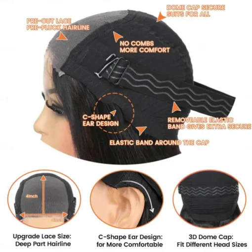 Put On and Go Glueless Wigs Bob Human Hair Pre Plucked Bob Wig Human Hair Glueless Wigs for Beginners Pre Cut Straight Short Bob Wig 4x4 HD Lace Closure Wigs for Black Women Natural Color