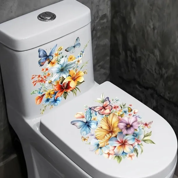 PVC Flower Butterfly Toilet Cover Toilet Tank Decoration Stickers, Waterproof Self-adhesive Removable Bathroom Wall Stickers, Modern Home Decoration